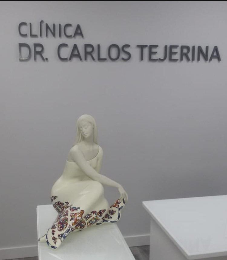 Una estatua frente a una pared que dice Clínica Dr. Carlos Tejarina.