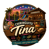Logotipo del chiringuito Tina con luces de neón, palmeras, hamburguesas, cócteles y una puesta de sol junto al mar.