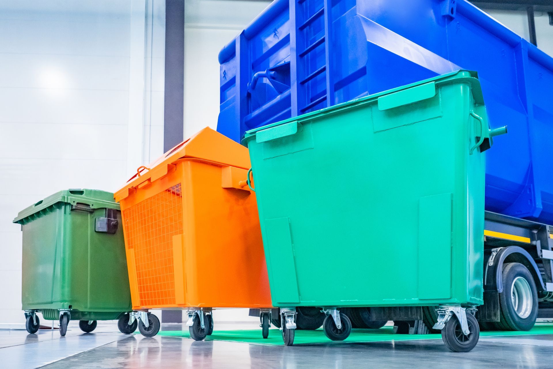 In einem Lagerhaus stehen drei Mülltonnen neben einem Müllcontainer.