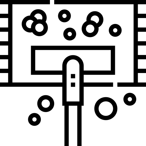 Ein schwarzweißes Symbol eines Staubsaugers, aus dem Blasen aufsteigen.