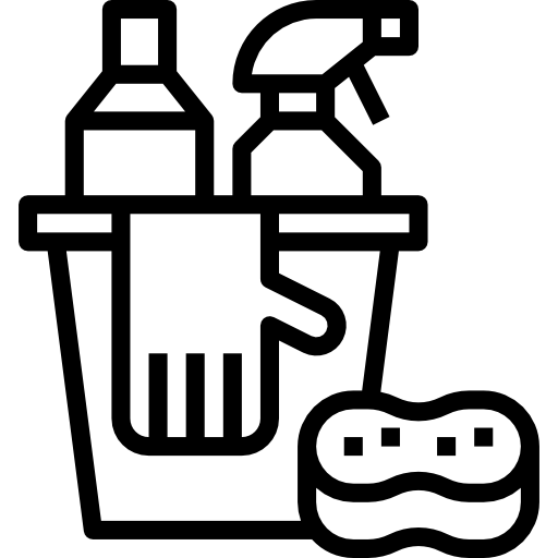 Ein schwarzweißes Symbol eines Eimers voller Reinigungsmittel.