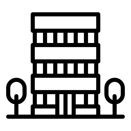 Ein schwarz-weißes Symbol eines hohen Gebäudes mit Balkonen.