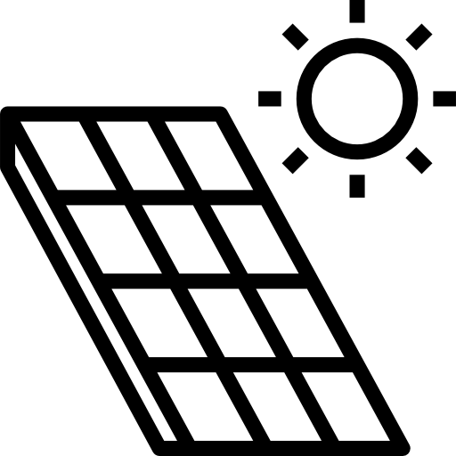 Ein schwarzweißes Symbol eines Solarpanels mit der Sonne dahinter.