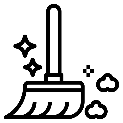 Ein schwarz-weißes Symbol eines Besens und Staubs.