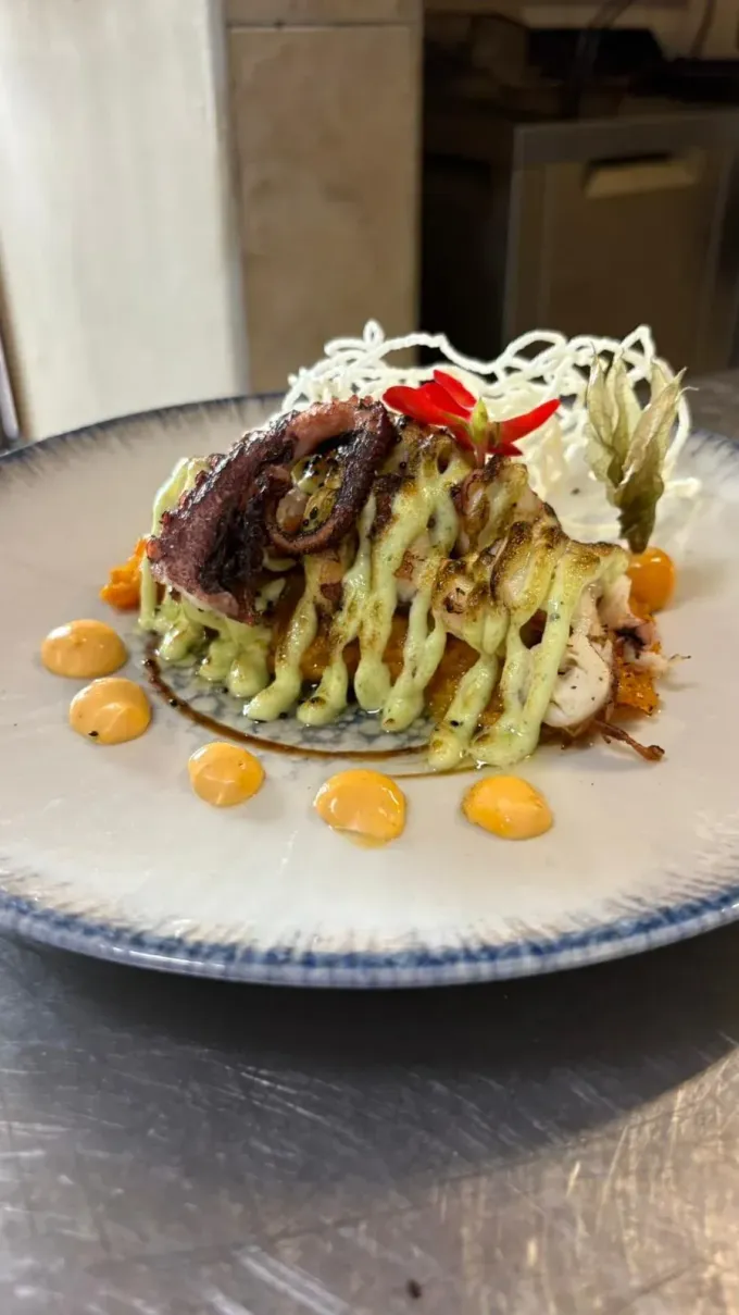 Plato de pulpo con salsa de naranja y llovizna verde sobre plato estampado.