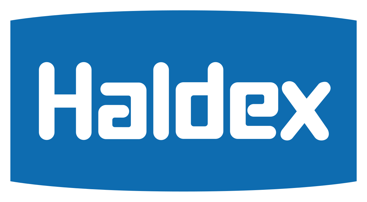 Un logotipo Haldex azul y blanco sobre un fondo blanco