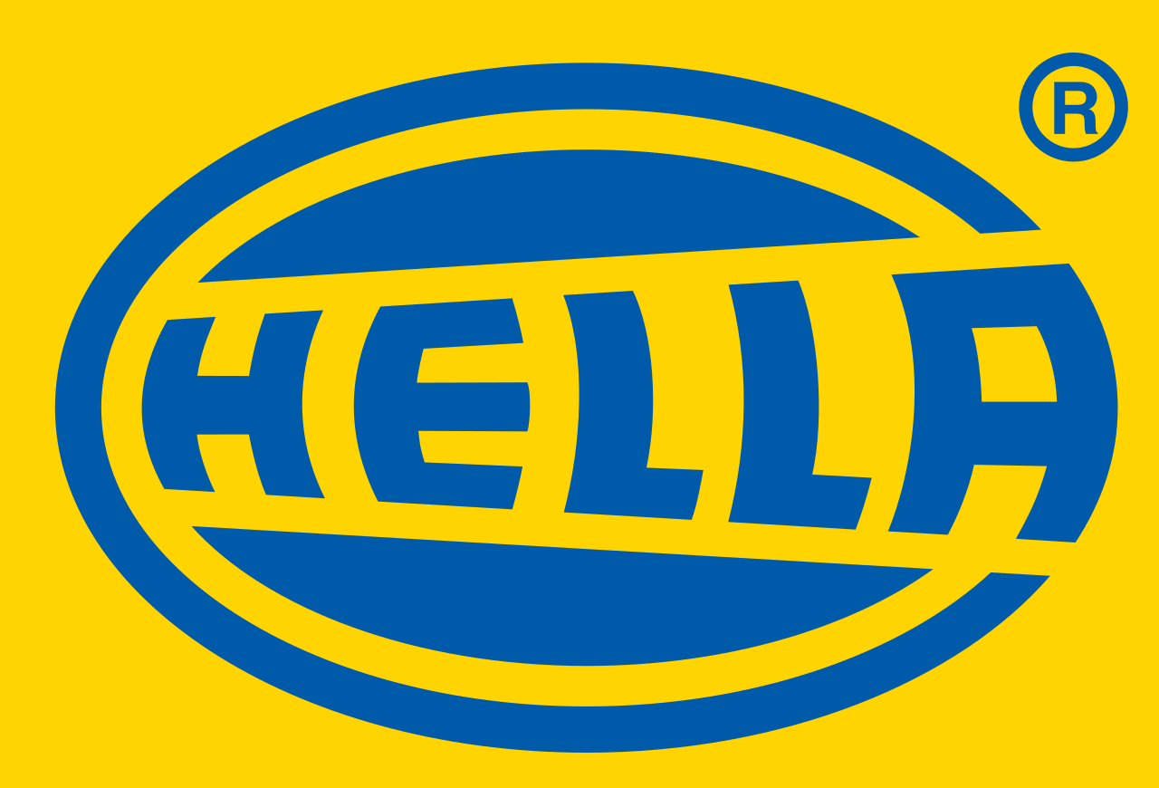 Un logotipo azul y amarillo de Hella sobre un fondo amarillo.