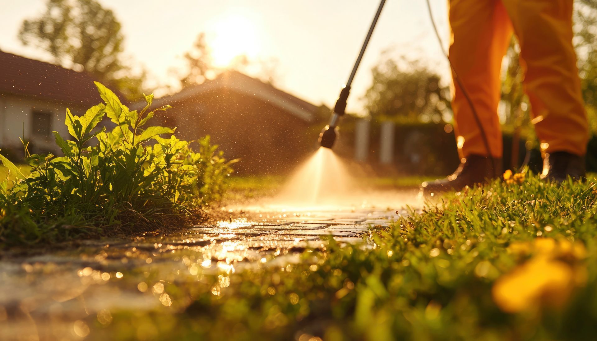 Une personne en orange pulvérise de l'eau sur un chemin de pierre au soleil.