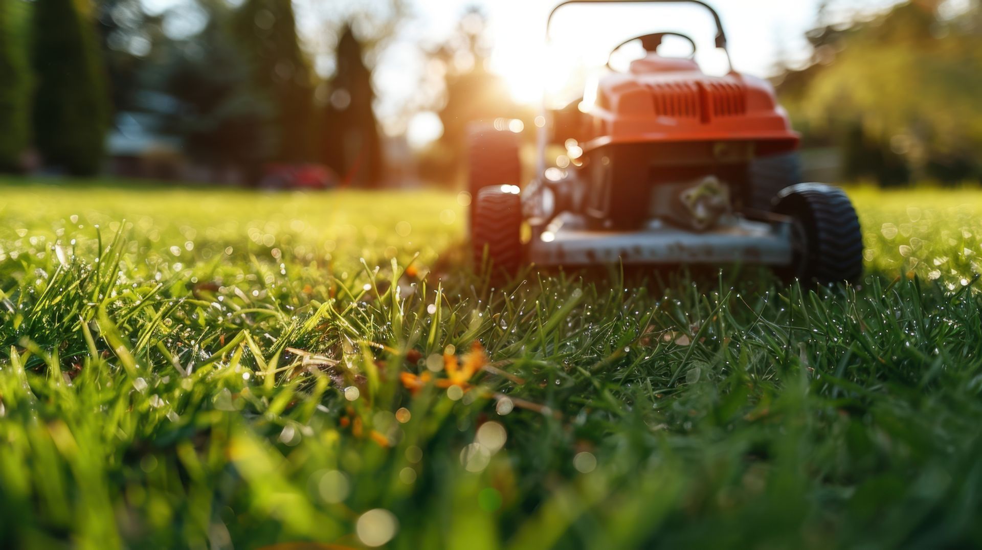 Tondeuse à gazon sur herbe verte, soleil en arrière-plan.
