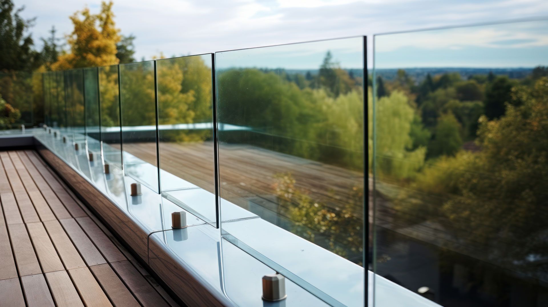 Large balcon en bois et garde-corps en verre