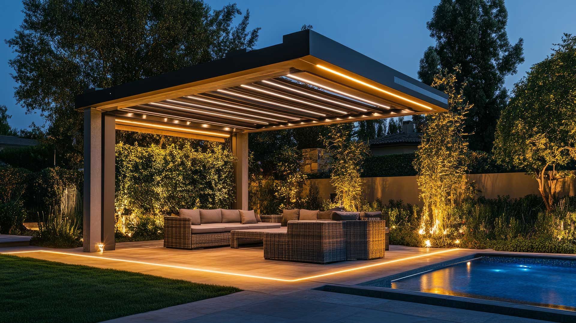 Pergolas dans un jardin de nuit éclairée aux LED