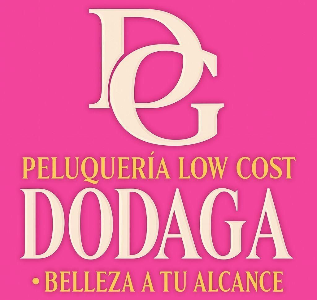 Logotipo rosa para el sal&oacute;n de peluquer&iacute;a "DODAGA", con las iniciales "DG" en color crema sobre el texto "PELUQUER&Iacute;A LOW COST" y "BELLEZA A TU ALCANCE".