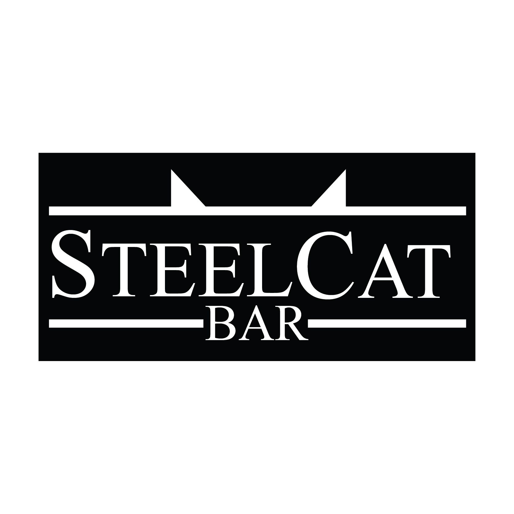 A black and white logo for a bar called steelcat bar.