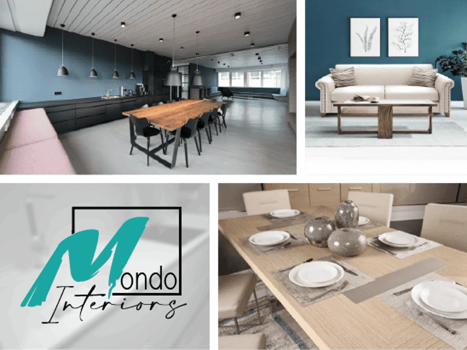 Collage de diseño de interiores con comedor moderno, sala de estar, mesa puesta y logotipo de Mondo Interiors