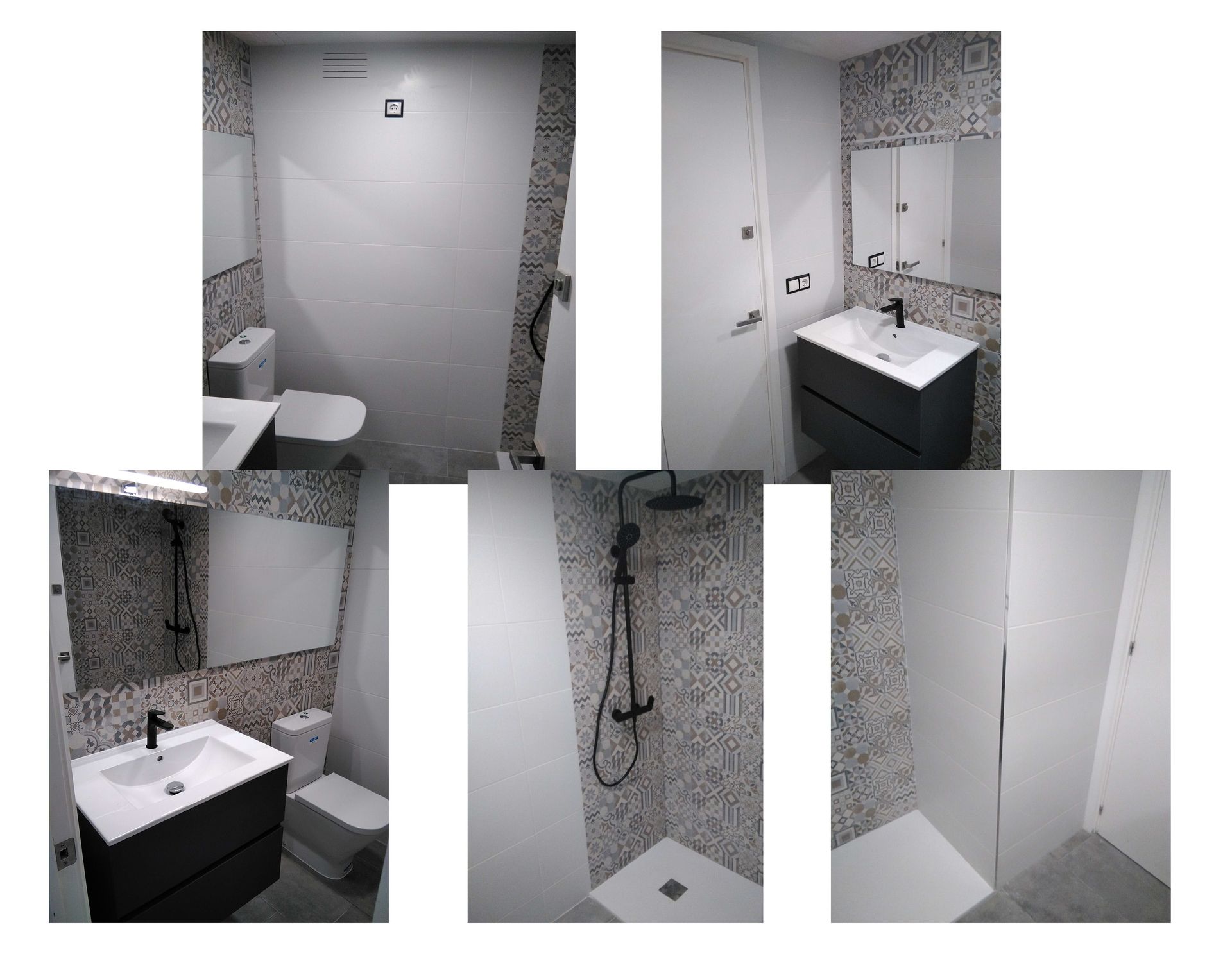 Collage de un pequeño baño alicatado con inodoro, lavabo, ducha y puerta blanca.