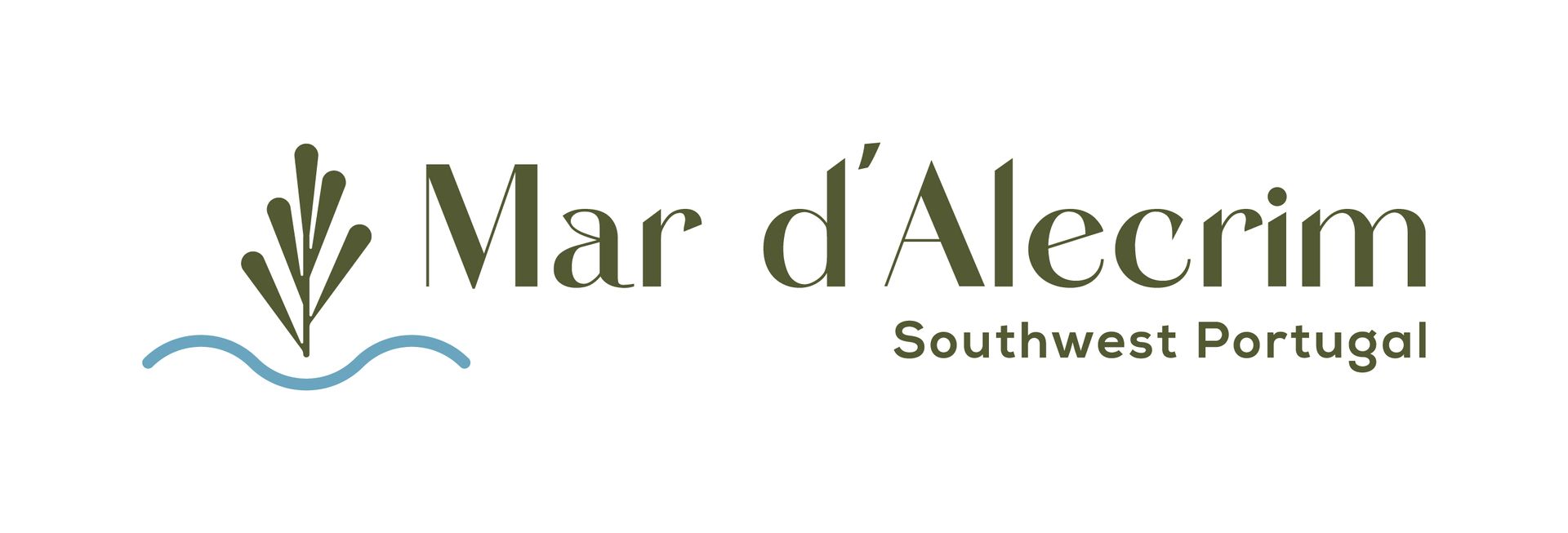 Logotipo da Mar d'Alecrim com planta verde e ícone de onda azul, texto 