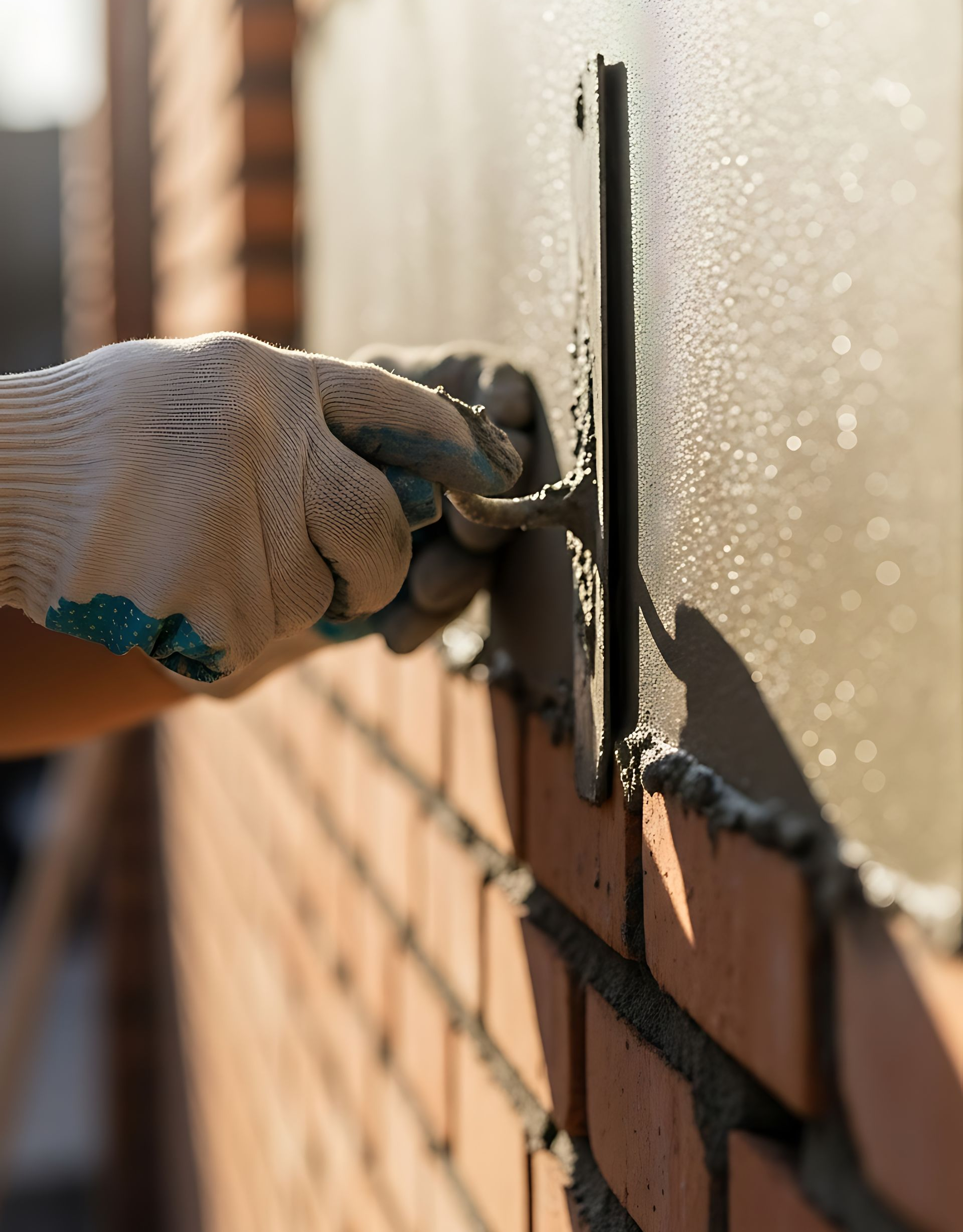 Main gantée utilisant une truelle pour appliquer du mortier sur un mur de briques.