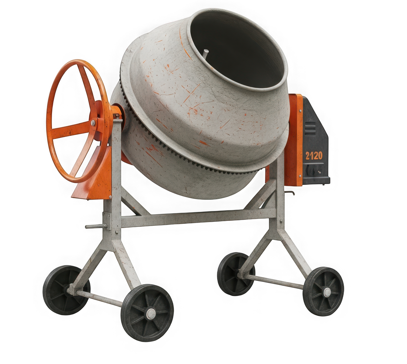 Bétonnière avec des éléments orange et gris, reposant sur quatre roues.