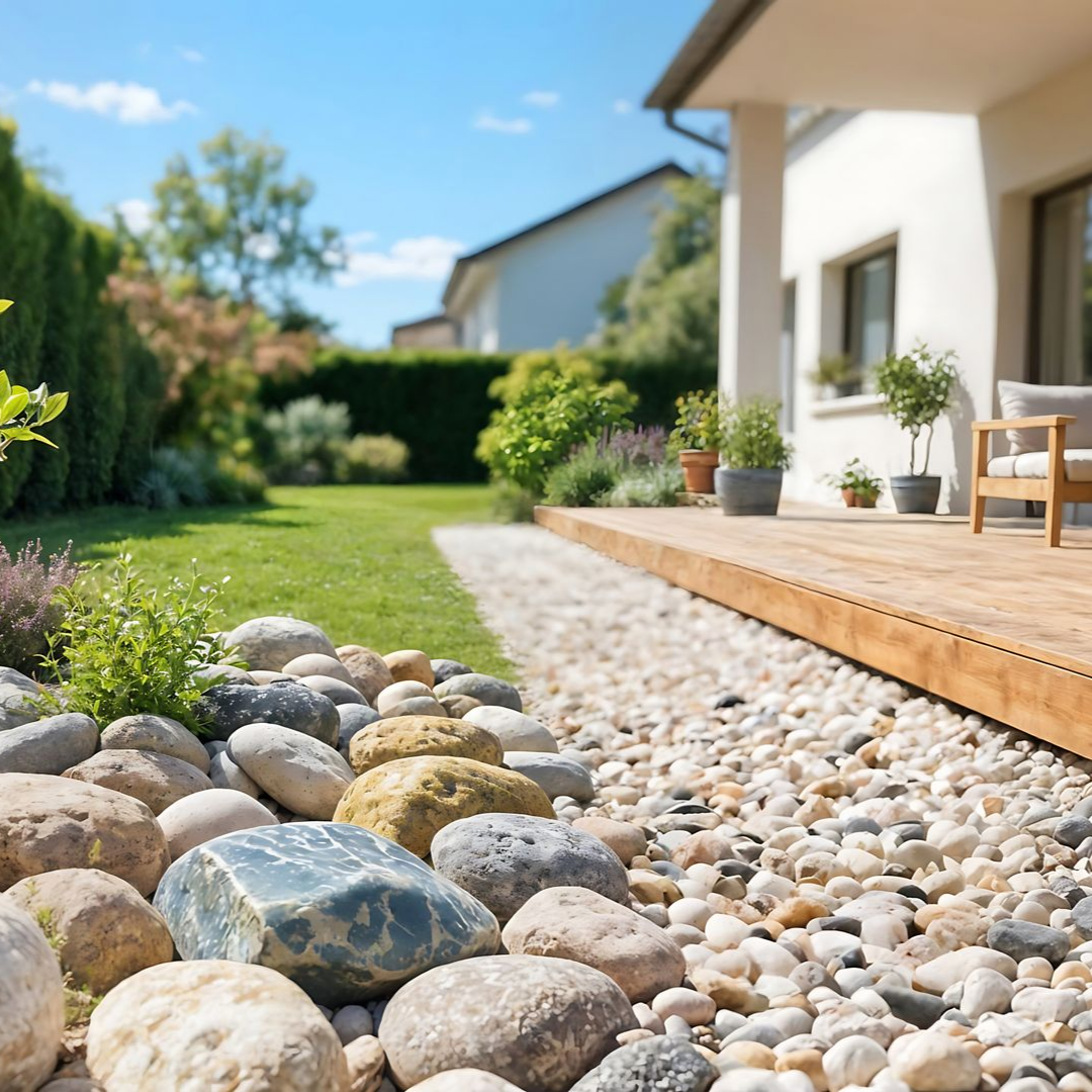 Jardin avec bordure de pierres, allée de galets et terrasse en bois. Pelouse, arbustes et maison blanche en arrière-plan. 