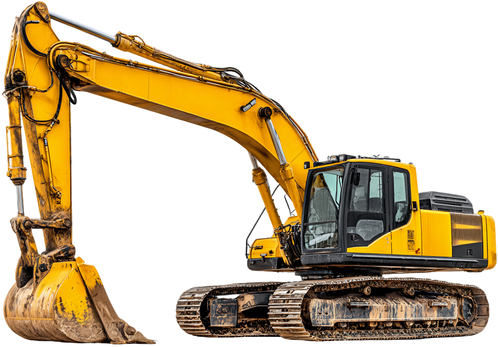 Pelle mécanique jaune sur chenilles, bras déployé, godet au niveau du sol.