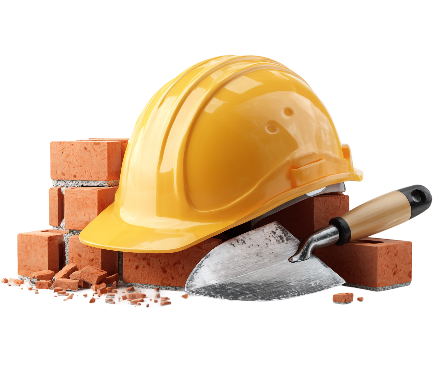 Casque jaune sur des briques avec une truelle, chantier de construction.