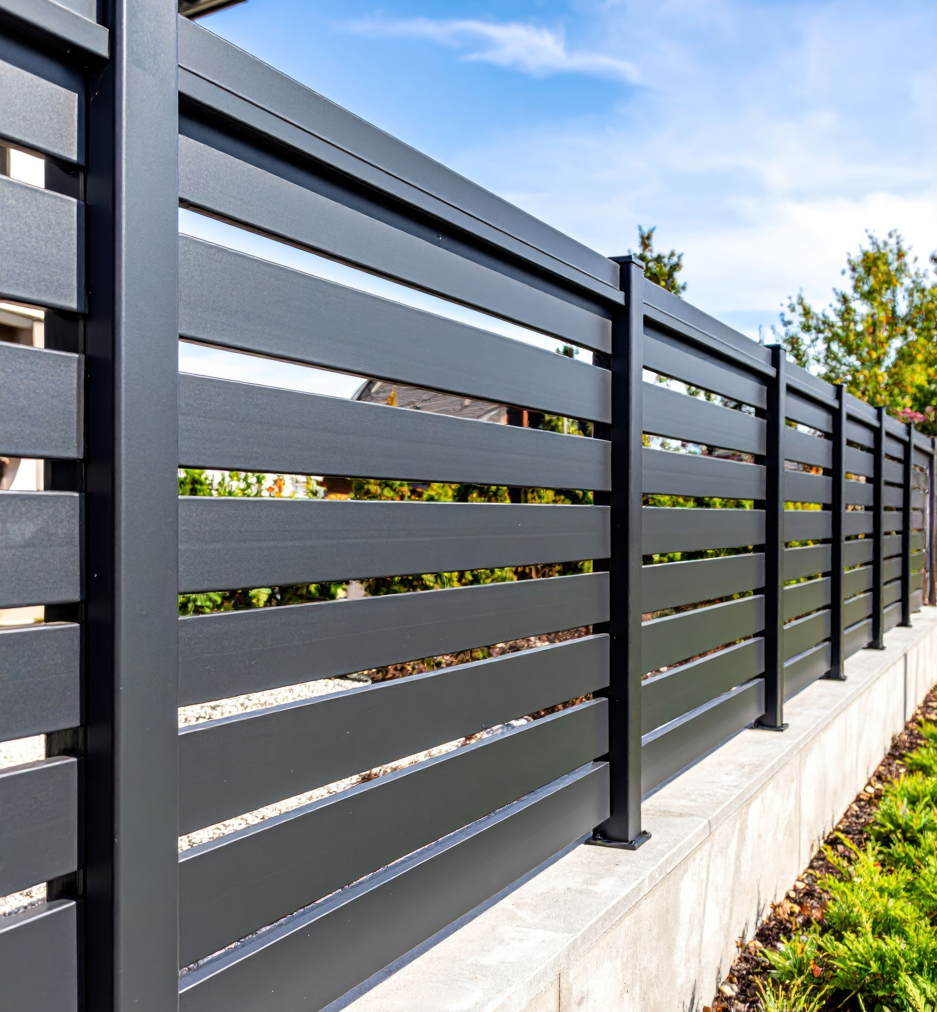 Clôture à lattes horizontales grises dans une cour.