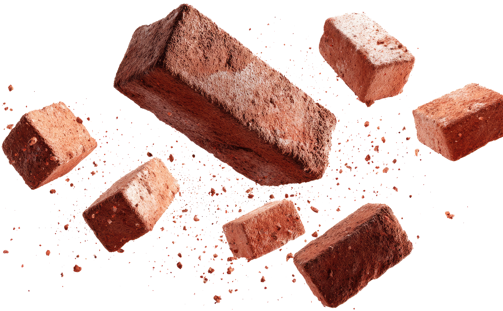 Des briques se brisent, des morceaux de briques rouge-brun flottent sur un fond blanc.