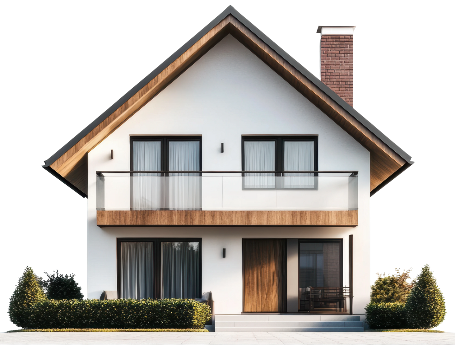 Maison blanche à deux étages avec une charpente de toit en bois, un balcon et une cheminée en briques.