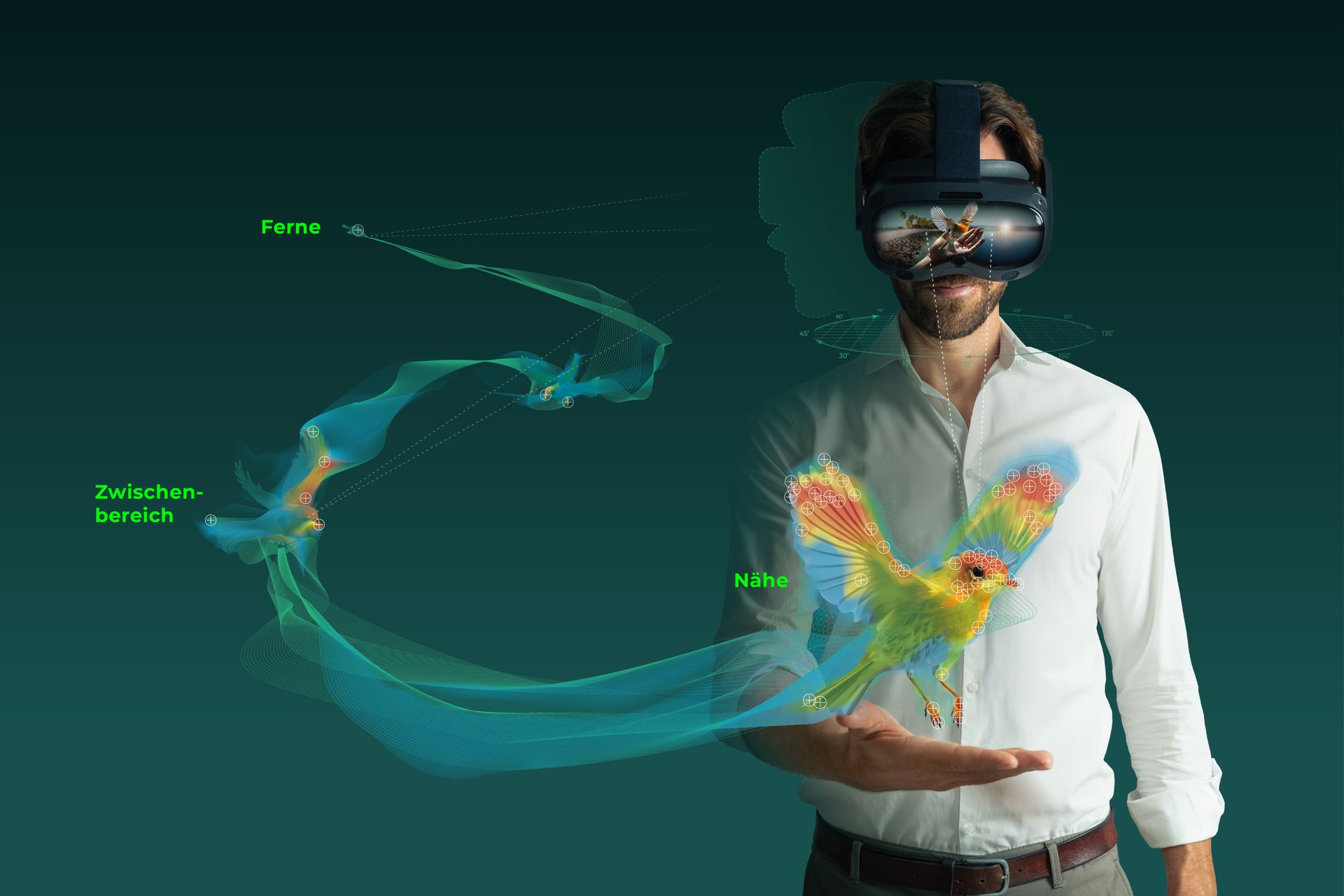 Mann mit VR-Headset hält ein 3D-Vogelmodell. Grüne Datenströme und Textüberlagerung.
