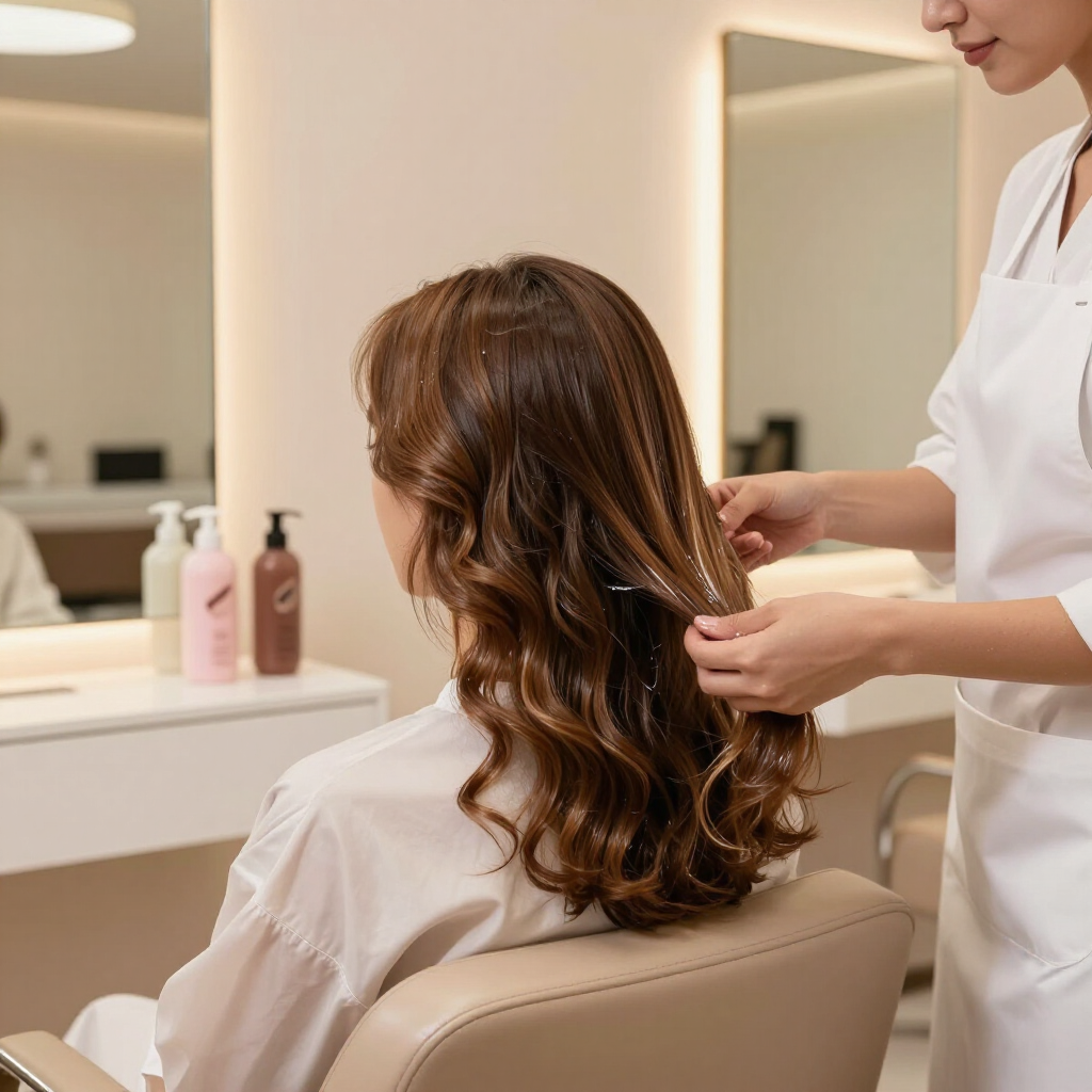 Peluquera peinando el cabello castaño ondulado de una clienta en un salón luminoso.