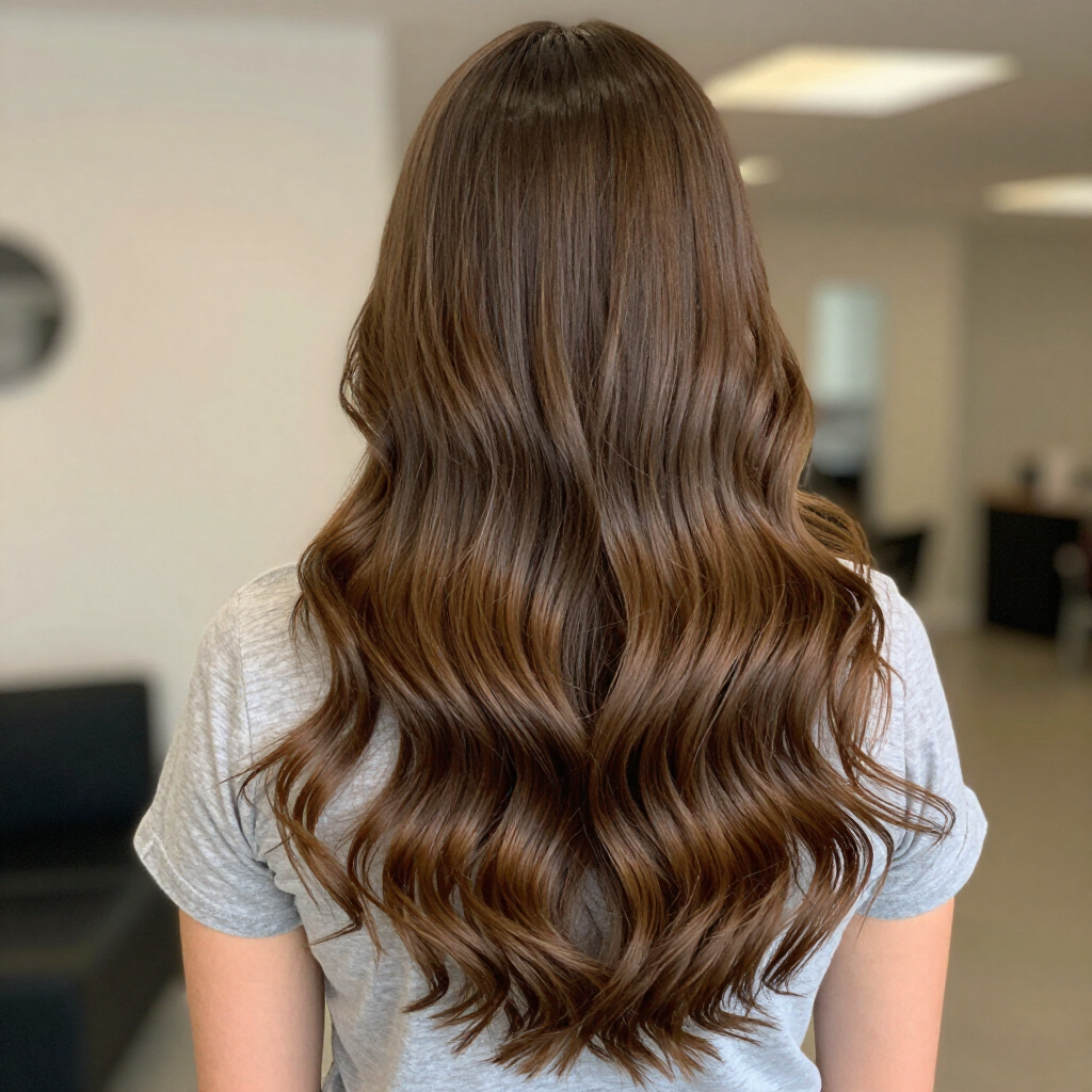 Mujer vista de espaldas con cabello castaño largo y ondulado en el interior de un salón de belleza con iluminación tenue.
