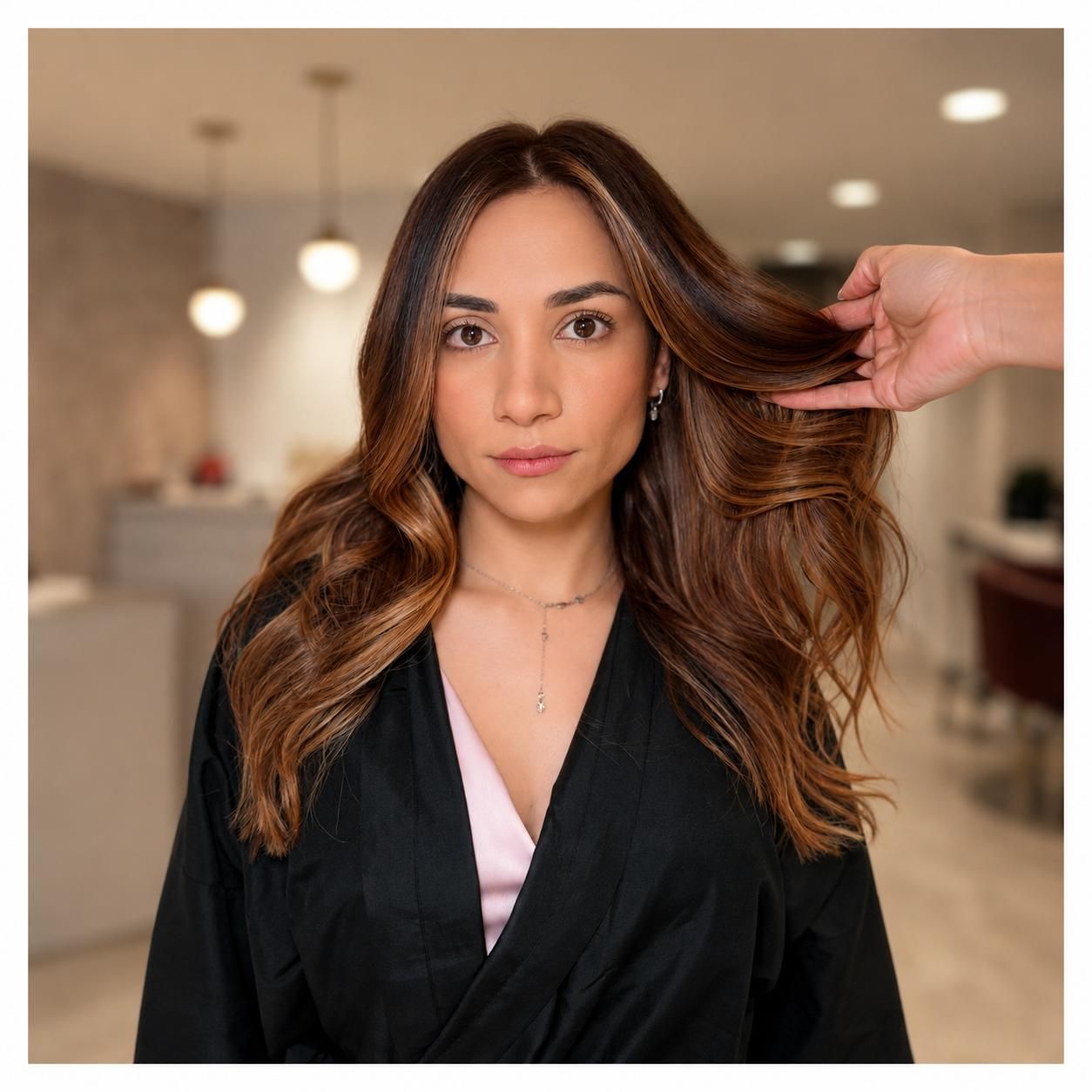 Retrato de una mujer con cabello castaño ondulado, vestida con una túnica negra, sentada en el interior.