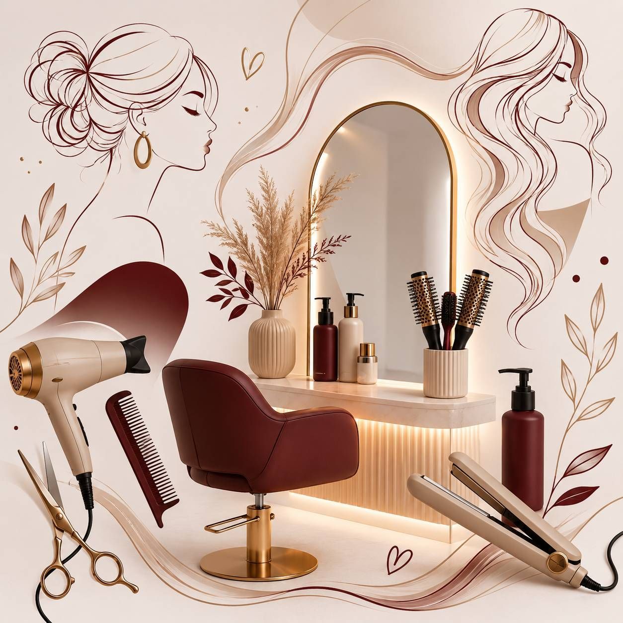 Elegante tocador de salón de belleza con espejo, silla color burdeos, herramientas para el cabello y frascos de cosméticos.