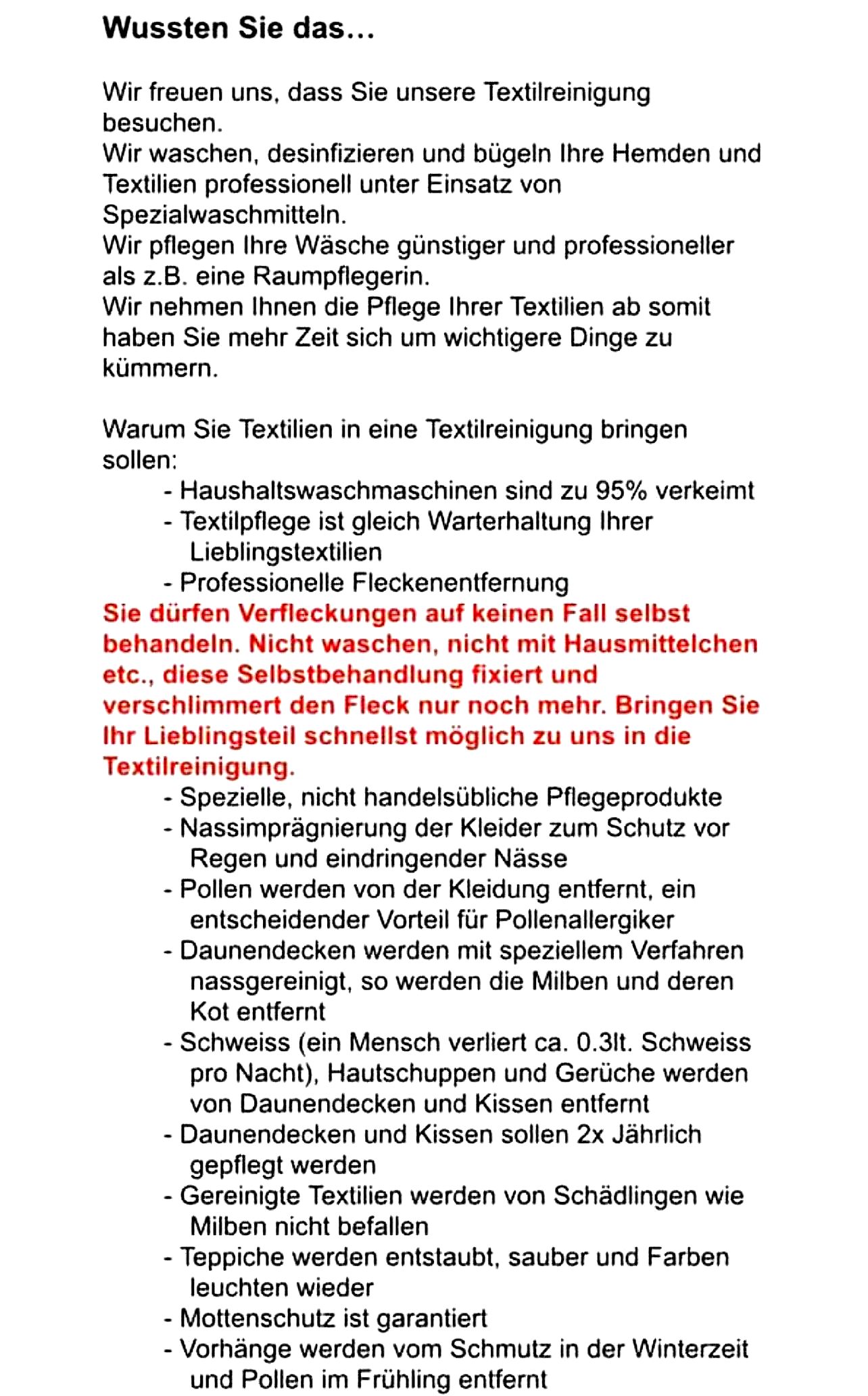 Dokument zur Textilreinigung der TEXTILPFLEGE YILDIZ