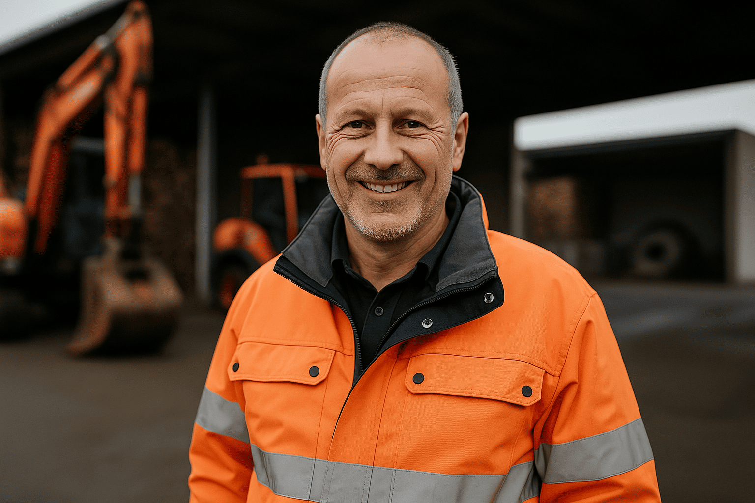 Ein Mann in orangefarbener Arbeitsjacke lächelt im Freien in der Nähe von Baumaschinen.