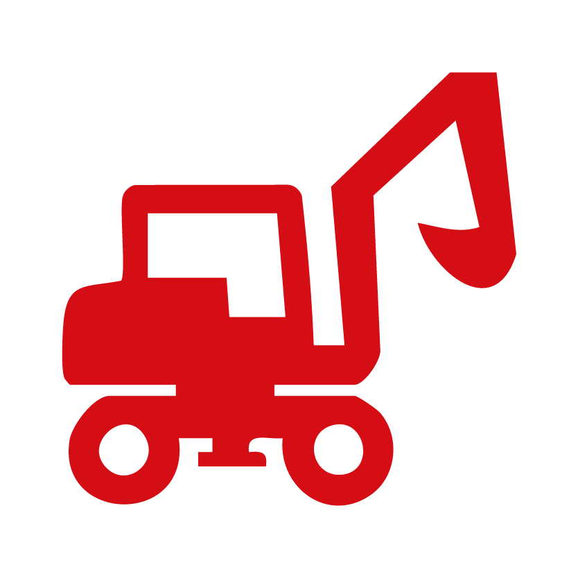 Rotes Baggersymbol auf weißem Hintergrund.