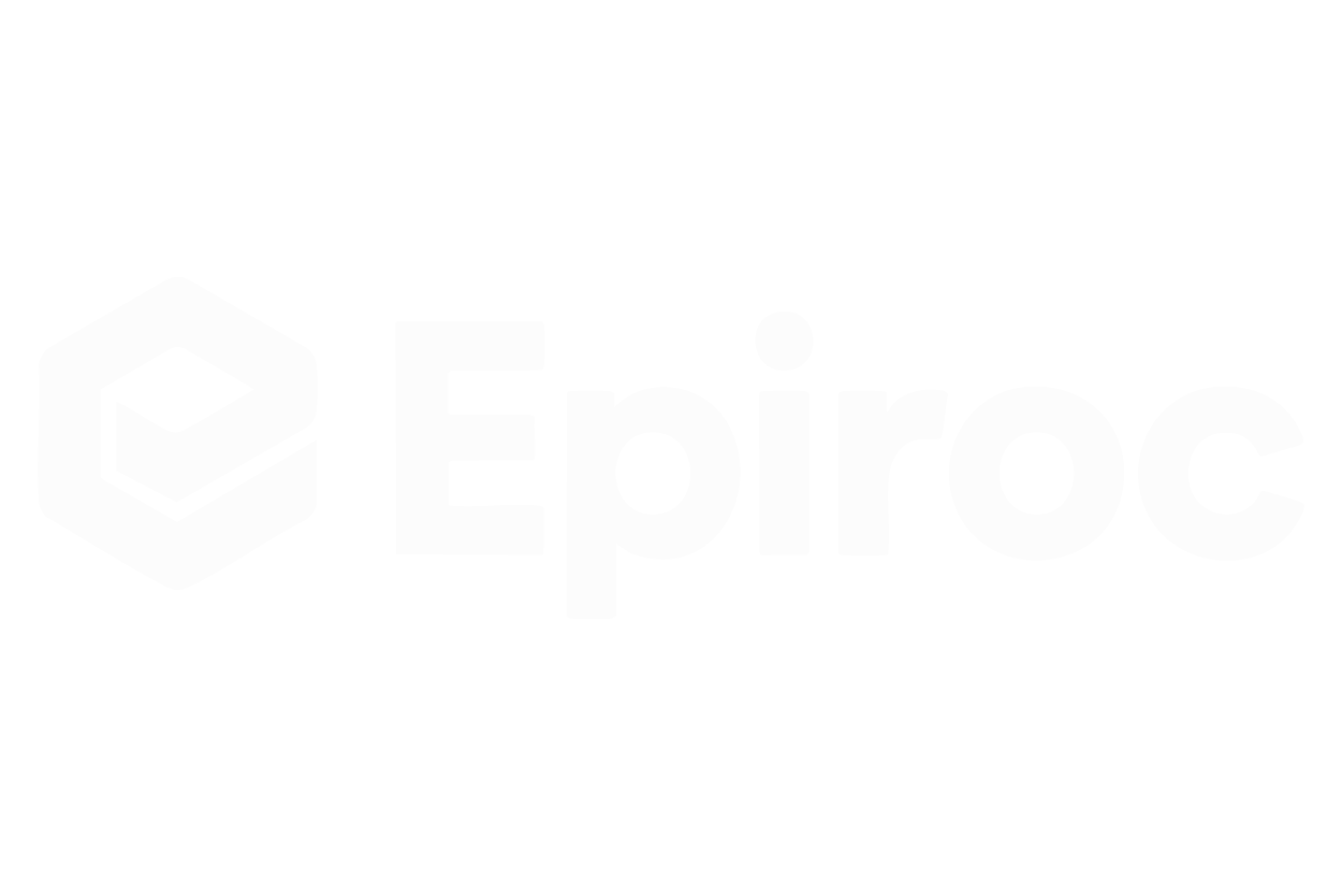 Epiroc-Logo: weißer Text und sechseckiges Symbol auf weißem Hintergrund.