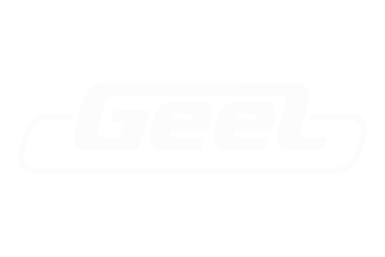 GEEL-Logo, weißer Text auf weißem rechteckigem Rahmen.
