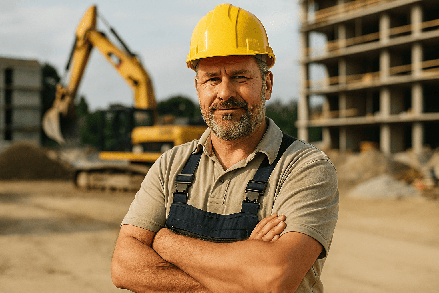 Ein Bauarbeiter in gelbem Schutzhelm und Overall, die Arme verschränkt, auf einer Baustelle; im Hintergrund sind ein Bagger und ein Gebäude zu sehen.