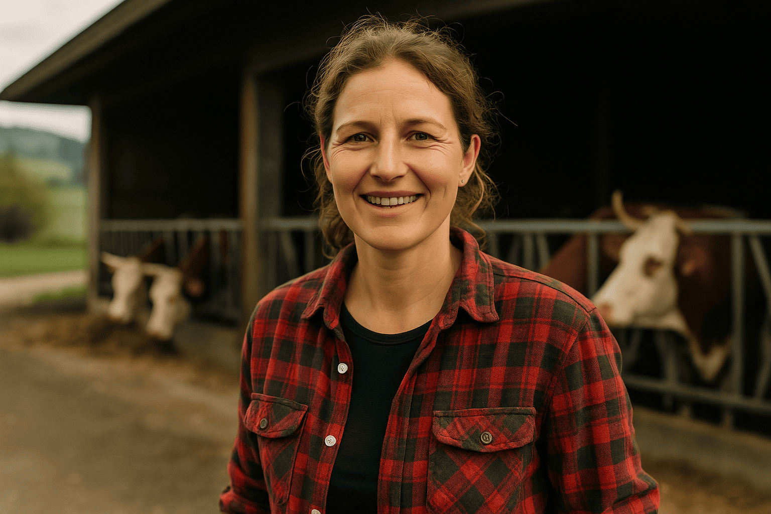 Eine Frau in einem rotkarierten Hemd lächelt vor einer Scheune, im Hintergrund sind Kühe zu sehen.