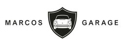 Un logotipo en blanco y negro para Marcos Garage con un automóvil en un escudo.