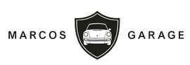 Un logotipo en blanco y negro para Marcos Garage con un automóvil en un escudo.