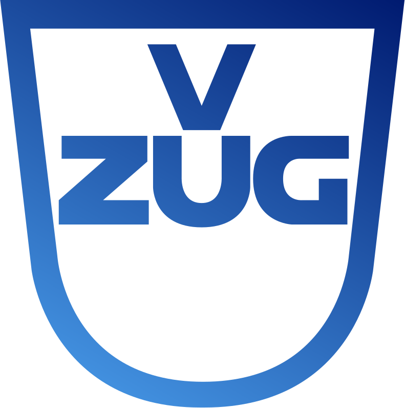Ein blaues, schildförmiges Logo mit dem blauen Schriftzug „V ZUG“, zentriert auf weissem Hintergrund.