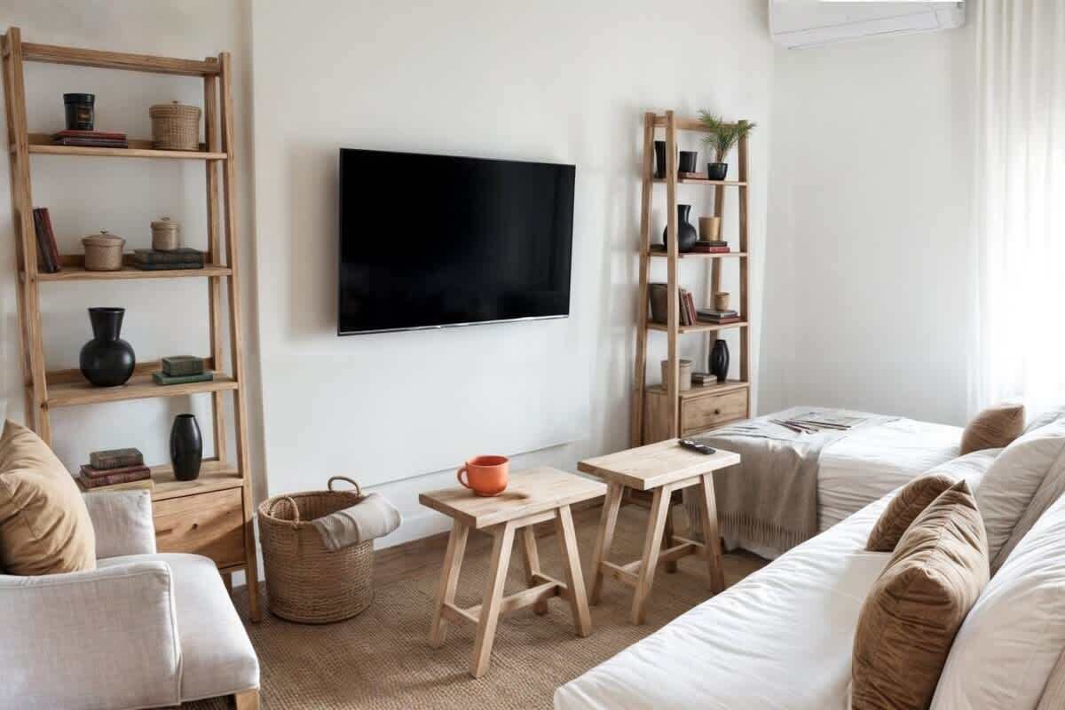 Moderno monoambiente: zona comedor con mesa negra, separador de madera hacia dormitorio, arte y decoración minimalista.