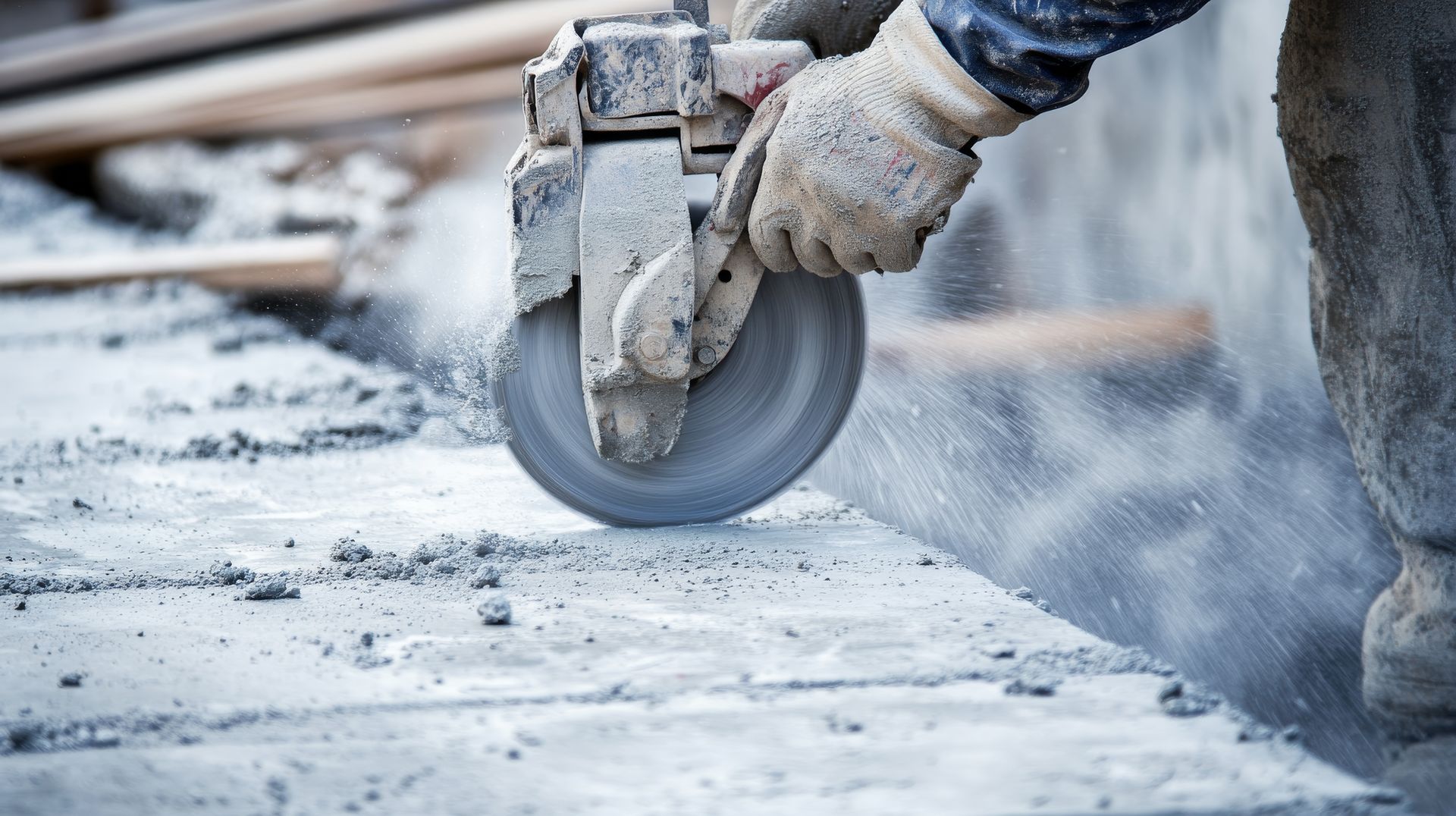 Une personne utilise une scie circulaire pour couper du béton, créant de la poussière.