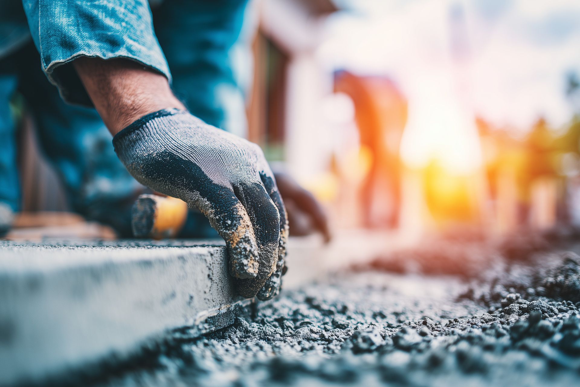 Main gantée lissant du béton frais sur un chantier. Reflet du soleil en arrière-plan.