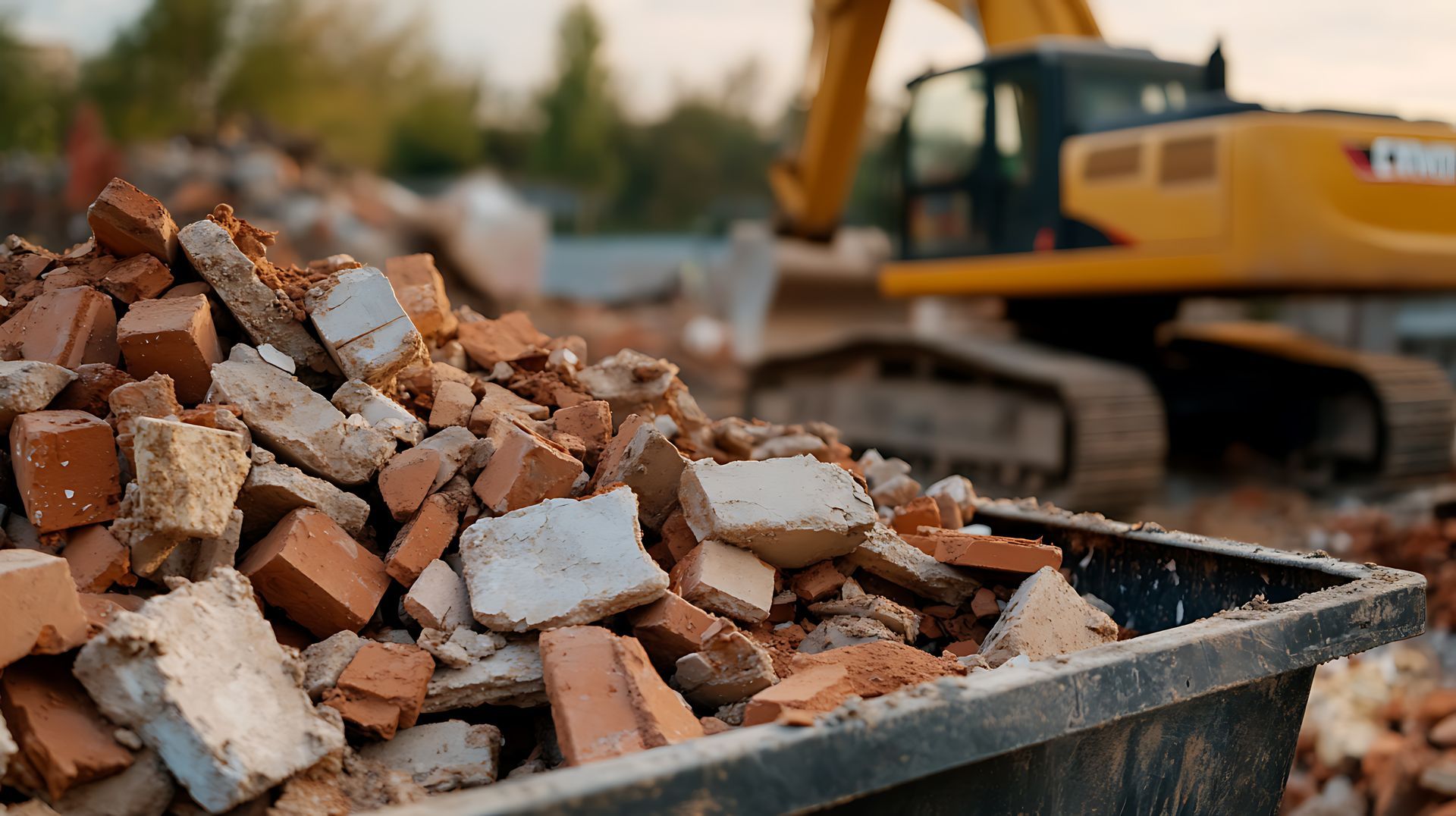 Un tas de briques et de débris se trouve devant une pelleteuse jaune sur un chantier de construction.