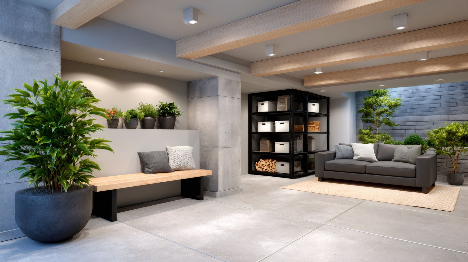 Intérieur avec plantes, banc, canapé, étagères de rangement et murs en béton.