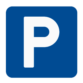 Blaues quadratisches Schild mit weißem Buchstaben „P“, das einen Parkplatz kennzeichnet.