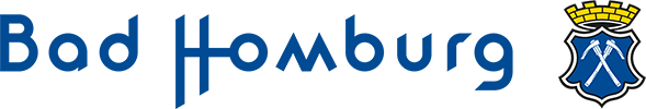 Logo von Bad Homburg mit Text und blauem Schild.